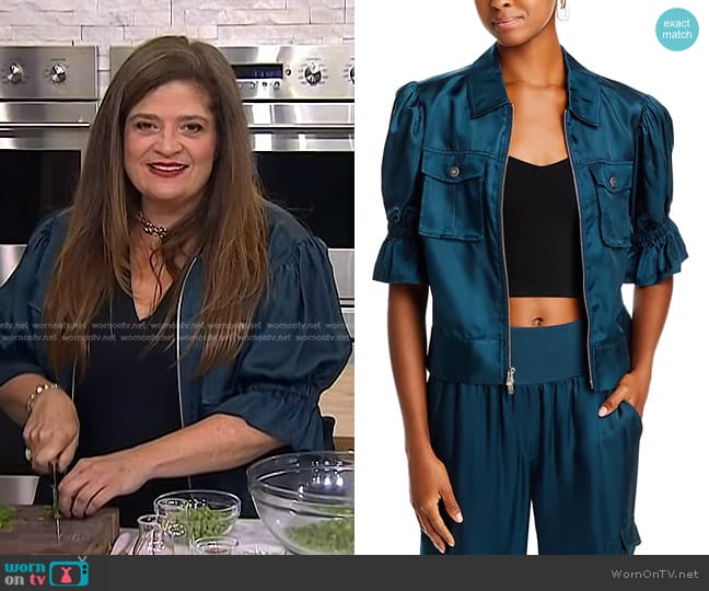 Cinq a Sept Holly Cropped Twill Jacket in Peacock Blue worn by Alex Guarnaschelli on Today