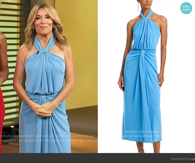 Cinq a Sept Kaily Twist Halter Midi Dress worn by Kit Hoover on Access Hollywood