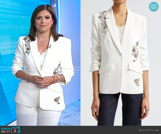 Cinq a Sept Kylie Crystal Daisy Detail Jacket in Ivory Smoke worn by Chloe Melas on Today