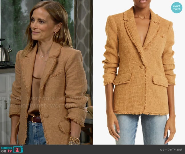 Cinq a Sept Khloe Boucle Blazer in Sahara worn by Taylor Hayes (Rebecca Budig) on The Bold and the Beautiful