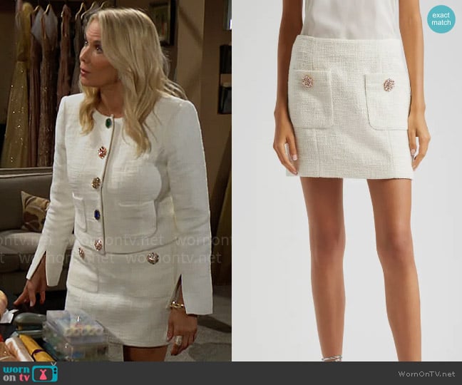 Cinq a Sept Randi Crystal Button Detail Miniskirt worn by Brooke Logan (Katherine Kelly Lang) on The Bold and the Beautiful