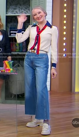 Clea Shearer's ivory embroidered tie neck blouse and cropped jeans on Good Morning America