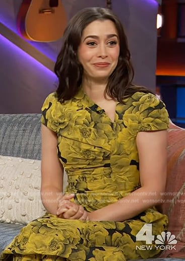 Cristin Milioti’s yellow floral ruched dress on The Kelly Clarkson Show