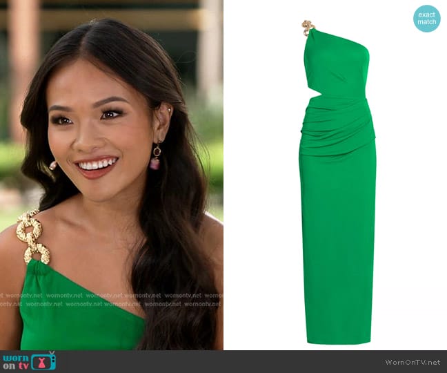 Cult Gaia Cobie One-Shoulder Chainlink Gown in Malachite worn by Jenn Tran on Good Morning America