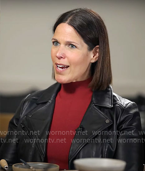 Dana Jacobson's black leather moto jacket on CBS Mornings