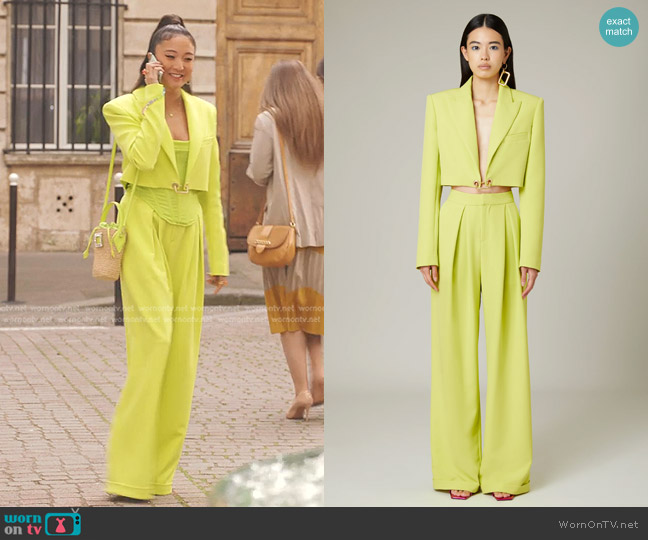 Daname Gianna Crop Jacket and Gia Crepe Pants worn by Mindy Chen (Ashley Park) on Emily in Paris