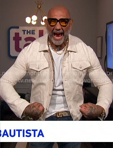 Dave Bautista white monogram print jacket on The Talk