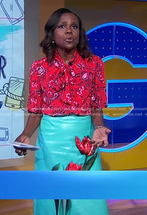 Deborah's red floral top and green floral leather skirt on Good Morning America