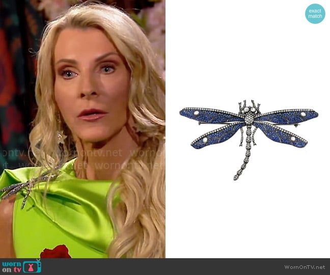 Dena Kemp 18-karat white gold blue sapphire and diamond Dragon Fly Brooch worn by Joan Vassos on The Golden Bachelorette