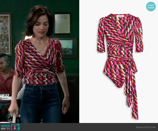 Diane von Furstenberg Abbie wrap-effect printed mesh bodysuit worn by Elizabeth Webber (Rebecca Herbst) on General Hospital