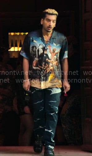 Dionysus's graphic print button down shirt and printed jeans on Kaos