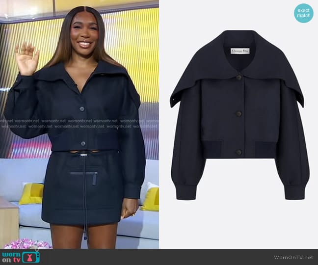 Dior Bomber Jacket with Oversized Collar in Navy Blue worn by Venus Williams on Good Morning America