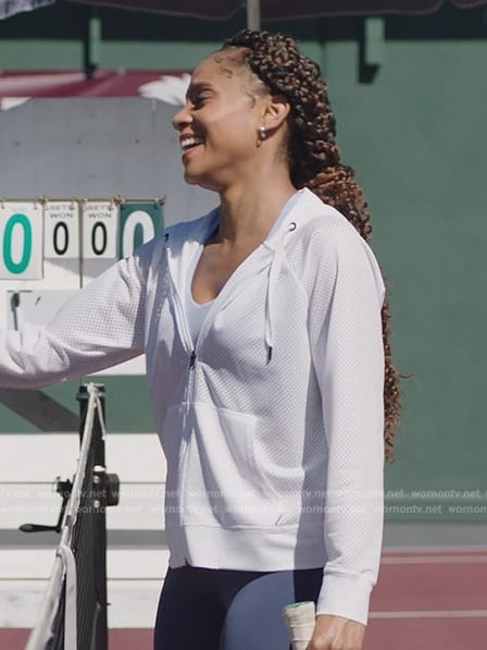 Simone’s white mesh hoodie on All American Homecoming