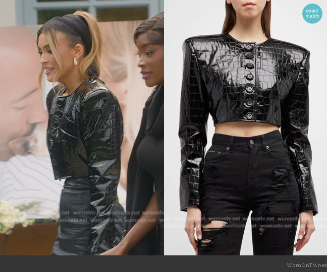 Dolce & Gabbana Croc Embossed Vegan Leather Crop Jacket worn by Chrishell Stause on Selling Sunset