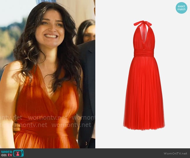 Dolce & Gabbana Tulle calf-length dress with sunray pleats worn by Amelia Sacks (Eve Hewson) on The Perfect Couple