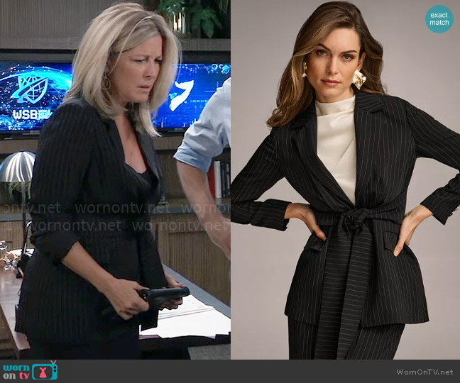 Donna Karan Pinstripe Tie-Front Blazer worn by Carly Spencer (Laura Wright) on General Hospital