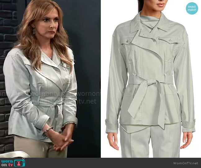 Donna Karan Twill Notch Lapel Belted Chest Pocket Long Sleeve Jacket worn by Holly Sutton (Emma Samms) on General Hospital