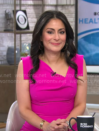 Celine Gounder's pink sleeveless dress on CBS Mornings