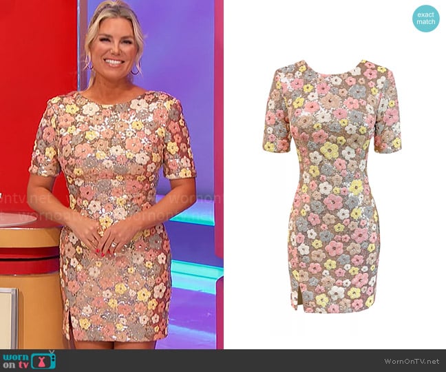 Rachel’s floral sequin short sleeve dress on The Price is Right