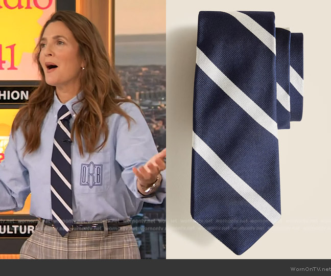 J. Crew English silk tie in diagonal stripe worn by Drew Barrymore on The Drew Barrymore Show