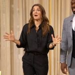 Drew’s black pleated blouse and sequin pants on The Drew Barrymore Show