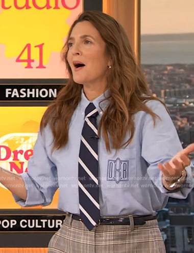 Drew's plaid wide leg pants and striped tie on The Drew Barrymore Show