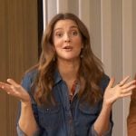 Drew’s denim shirt and brown skirt on The Drew Barrymore Show