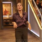 Drew’s brown pleated satin blouse on The Drew Barrymore Show