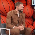 Domantas Sabonis’s brown jacket and pants on Access Hollywood