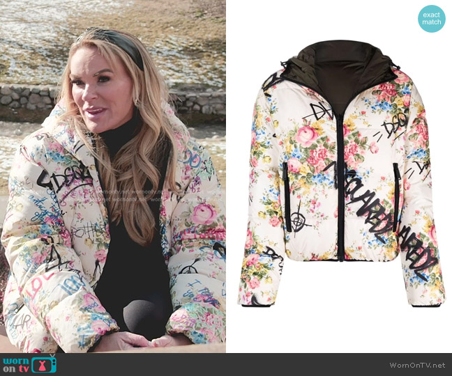 Dsquared2 Reversible Logo-graffiti Floral-print Padded Jacket in Multicolor worn by Heather Gay on The Real Housewives of Salt Lake City