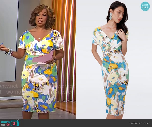 Diane von Furstenberg Havana Dress in Huge Day Dream Floral Blue worn by Gayle King on CBS Mornings