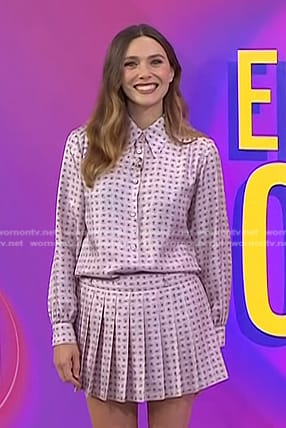 Elizabeth Olsen's pink printed shirt and pleated skirt on Today