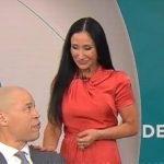 Elizabeth Werner’s short sleeved twist neck dress on CBS Mornings