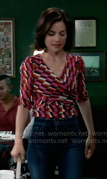 Elizabeth's pink geometric print wrap top on General Hospital