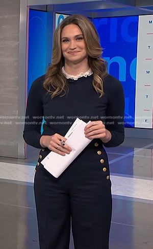 Ellison’s navy ruffle lace neck sweater and pants on NBC News Daily