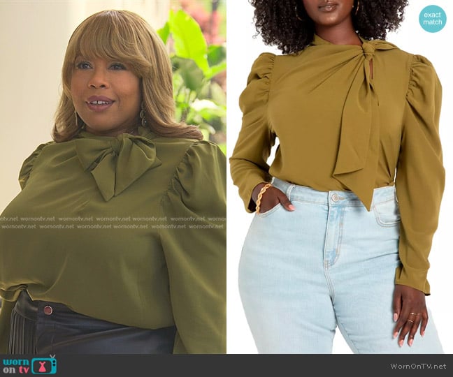 Eloquii Plus Size Drape Front Blouse in Olive worn by Krystal Walters (Angela Grovey) on Reasonable Doubt