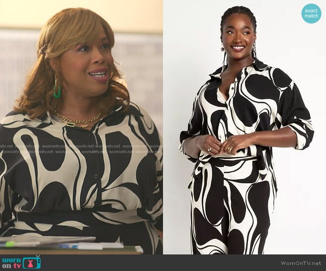 Eloquii Printed Button Down in Cookies And Cream worn by Krystal Walters (Angela Grovey) on Reasonable Doubt