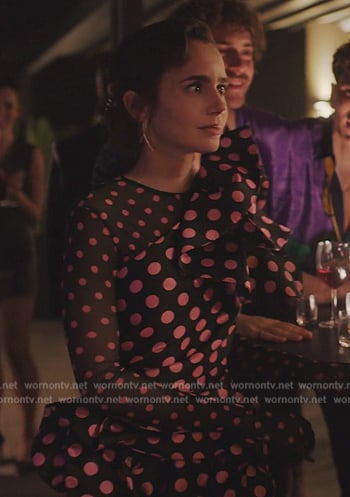 Emily's pink and black polka dot print outfit on Emily in Paris