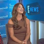 Emily’s brown sheer one shoulder dress on E! News