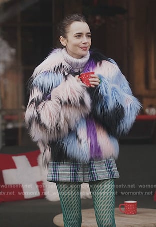 Emily's multicolored fur coat on Emily in Paris