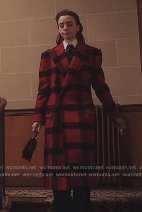 Emily's red and black check double breasted coat on Emily in Paris