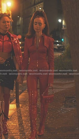 Emily's red jumpsuit and over the knee boots on Emily in Paris