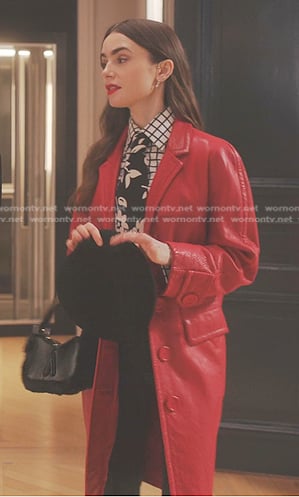 Emily's red coat and black hand bag on Emily in Paris