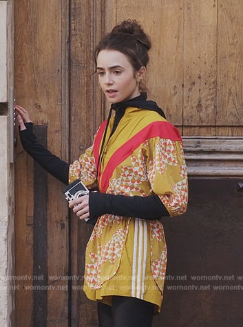 Emily's yellow printed bodysuit on Emily in Paris