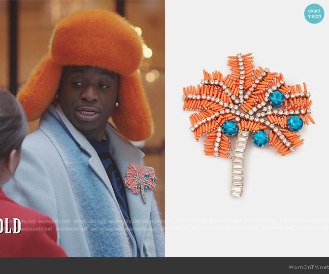 Essentiel Antwerp Orange, Silver and Blue Palm Tree Brooch worn by Julien (Samuel Arnold) on Emily in Paris