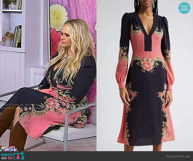 Etro Placed Print Long Sleeve Stretch Crepe Dress in Navy/Pink worn by Miranda Lambert on Today