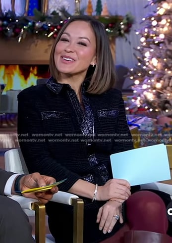 Eva's black contrast leather trim tweed dress on Good Morning America