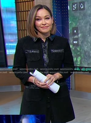 Eva's black contrast leather trim tweed dress on Good Morning America