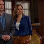 Ava’s navy roll tab sleeve shirt and belted pants on Days of our Lives