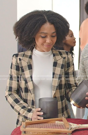 Eva's black and beige plaid blazer on All American Homecoming